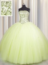 Admirable Big Puffy Light Yellow Lace Up Strapless Beading and Sequins Quinceanera Dresses Tulle Sleeveless