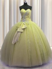  Light Yellow Sleeveless Floor Length Beading and Sequins and Bowknot Lace Up Sweet 16 Quinceanera Dress