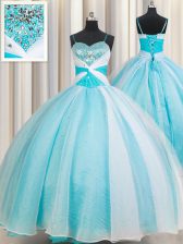 Artistic White and Blue Lace Up Quinceanera Dress Beading Sleeveless Floor Length