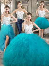 Customized Four Piece Tulle Sweetheart Sleeveless Lace Up Beading and Ruffles Vestidos de Quinceanera in White and Teal