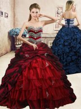 Cute Sleeveless Organza and Taffeta Floor Length Lace Up Quince Ball Gowns in Wine Red with Beading and Appliques and Ruffled Layers and Pick Ups