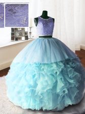 Sumptuous Scoop Baby Blue Sleeveless With Train Beading and Lace and Ruffles Zipper Sweet 16 Dress