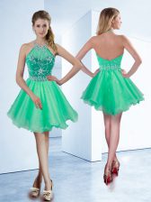  A-line Prom Party Dress Turquoise Halter Top Organza Sleeveless Knee Length Zipper