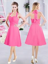  Hot Pink A-line Halter Top Sleeveless Chiffon Knee Length Zipper Ruching Quinceanera Court Dresses
