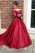 Admirable Off the Shoulder Long Sleeves Sweep Train Appliques Zipper Prom Gown