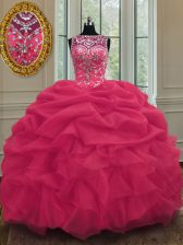  Scoop Floor Length Coral Red Quinceanera Dresses Organza Sleeveless Beading and Pick Ups