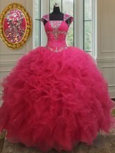 Cheap Hot Pink Tulle Lace Up Square Cap Sleeves Floor Length Vestidos de Quinceanera Beading and Ruffles