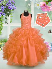  Halter Top Sleeveless Womens Party Dresses Floor Length Beading and Ruffled Layers Orange Organza