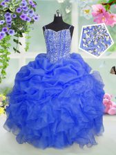  Floor Length Lace Up Teens Party Dress Baby Blue for Party and Wedding Party with Beading and Ruffles and Pick Ups