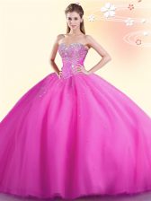  Floor Length Lace Up Sweet 16 Quinceanera Dress Hot Pink for Military Ball and Sweet 16 and Quinceanera with Beading