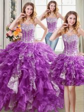 Wonderful Three Piece Sleeveless Beading and Ruffles and Sequins Lace Up Quinceanera Gowns