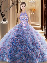 Hot Sale High-neck Sleeveless Brush Train Criss Cross Quince Ball Gowns Multi-color Fabric With Rolling Flowers