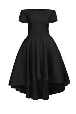 Delicate Black A-line Satin Bateau Short Sleeves Ruching Tea Length Side Zipper Homecoming Dress