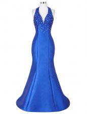 Graceful Mermaid Halter Top Sleeveless Prom Party Dress Floor Length Beading Royal Blue Satin