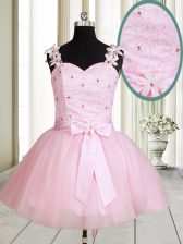 Suitable Baby Pink Straps Neckline Beading and Embroidery Dress for Prom Sleeveless Lace Up