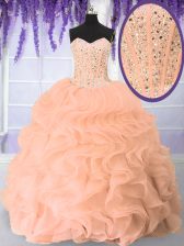 Simple Pink Organza Lace Up Quince Ball Gowns Sleeveless Floor Length Beading and Ruffles