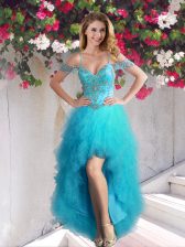  Off the Shoulder Teal Sleeveless High Low Beading and Ruffles Lace Up Prom Gown