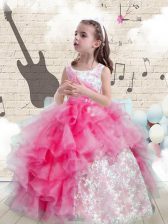  Scoop Sleeveless Organza Floor Length Lace Up Kids Pageant Dress in Hot Pink with Beading and Ruffles