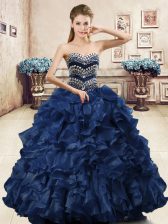  Navy Blue Ball Gowns Organza Sweetheart Sleeveless Beading and Ruffles Floor Length Lace Up Quinceanera Dresses