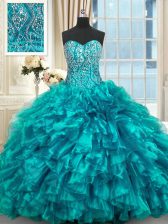  Teal Sleeveless Beading and Ruffles Lace Up Sweet 16 Dresses