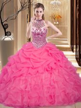  Halter Top Hot Pink Sleeveless Beading and Ruffles and Pick Ups Floor Length Ball Gown Prom Dress