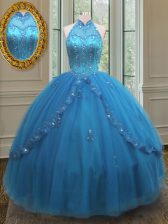 Beauteous Blue Tulle Lace Up Quinceanera Dress Sleeveless Floor Length Beading and Appliques