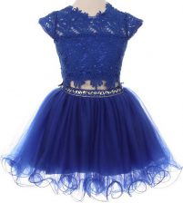 Elegant Blue Scoop Neckline Beading and Lace Flower Girl Dresses Cap Sleeves Zipper