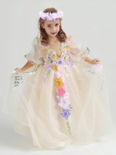 Delicate Champagne Half Sleeves Tulle Zipper Flower Girl Dresses for Party and Quinceanera and Wedding Party
