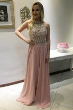 Spectacular Pink Chiffon Backless Scoop Sleeveless With Train Prom Party Dress Sweep Train Beading