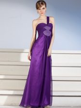  Purple Chiffon Zipper One Shoulder Sleeveless Floor Length Prom Evening Gown Ruching and Bowknot