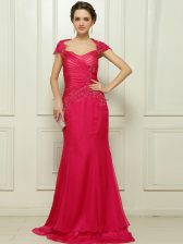 Admirable Hot Pink Chiffon Backless Prom Dresses Cap Sleeves With Train Sweep Train Beading