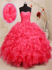 Cute Beading and Ruffles and Sequins and Hand Made Flower Sweet 16 Quinceanera Dress Coral Red Lace Up Sleeveless Floor Length