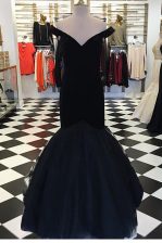  Black Mermaid Off The Shoulder Short Sleeves Elastic Woven Satin Floor Length Zipper Ruching Homecoming Dress