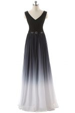  Black Empire V-neck Sleeveless Chiffon Floor Length Lace Up Ruching and Belt Prom Party Dress