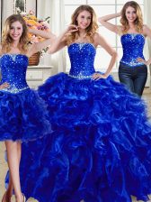 Flirting Three Piece Organza Strapless Sleeveless Lace Up Beading and Ruffles 15 Quinceanera Dress in Royal Blue
