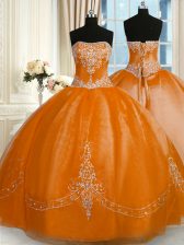 Simple Rust Red Strapless Neckline Beading and Embroidery Sweet 16 Quinceanera Dress Sleeveless Lace Up