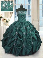 Fashion Pick Ups Floor Length Peacock Green Sweet 16 Quinceanera Dress Strapless Sleeveless Lace Up