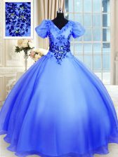 Hot Sale Blue Ball Gowns Appliques Quinceanera Gowns Lace Up Organza Short Sleeves Floor Length