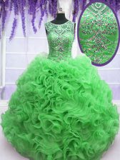  Green Ball Gowns Organza Scoop Sleeveless Beading and Ruffles Floor Length Lace Up Quinceanera Dresses