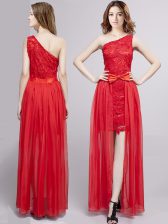 Artistic Red Zipper One Shoulder Lace and Bowknot Prom Evening Gown Tulle and Lace Sleeveless