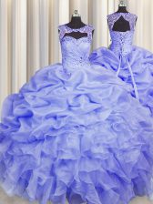Unique Blue Scoop Neckline Beading and Pick Ups Sweet 16 Quinceanera Dress Sleeveless Lace Up