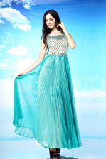 On Sale Scoop Sleeveless Prom Party Dress Floor Length Pleated Turquoise Chiffon