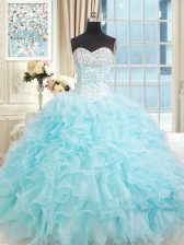 Adorable Aqua Blue Organza Lace Up Sweetheart Sleeveless Floor Length Sweet 16 Dress Ruffles