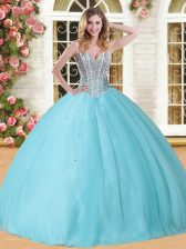  Sleeveless Tulle Floor Length Lace Up Quinceanera Gowns in Baby Blue with Beading