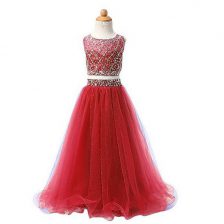 Luxurious Red Scoop Zipper Beading Flower Girl Dress Sleeveless
