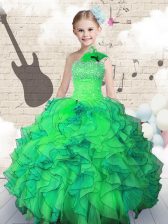 High End One Shoulder Green Lace Up Little Girls Pageant Dress Wholesale Beading and Ruffles Sleeveless Floor Length