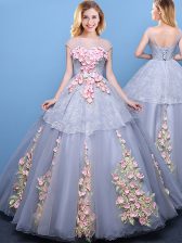  Scoop Grey Tulle Lace Up Quinceanera Dresses Cap Sleeves Floor Length Appliques