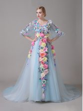 Fantastic Half Sleeves With Train Zipper Prom Party Dress Blue for Prom and Party with Hand Made Flower Court Train