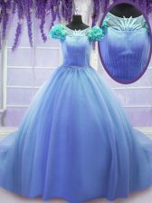 Fashion Scoop Short Sleeves Hand Made Flower Lace Up 15 Quinceanera Dress with Blue Court Train