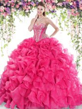 Luxury Sweetheart Sleeveless Sweep Train Lace Up 15th Birthday Dress Hot Pink Organza